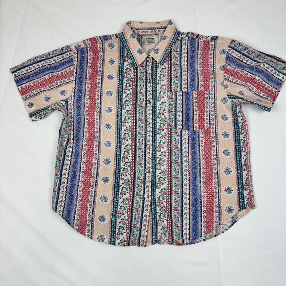 Vintage Cherokee Womens PL Floral Stripe Short Sleeve Button Down Cotton Shirt‎